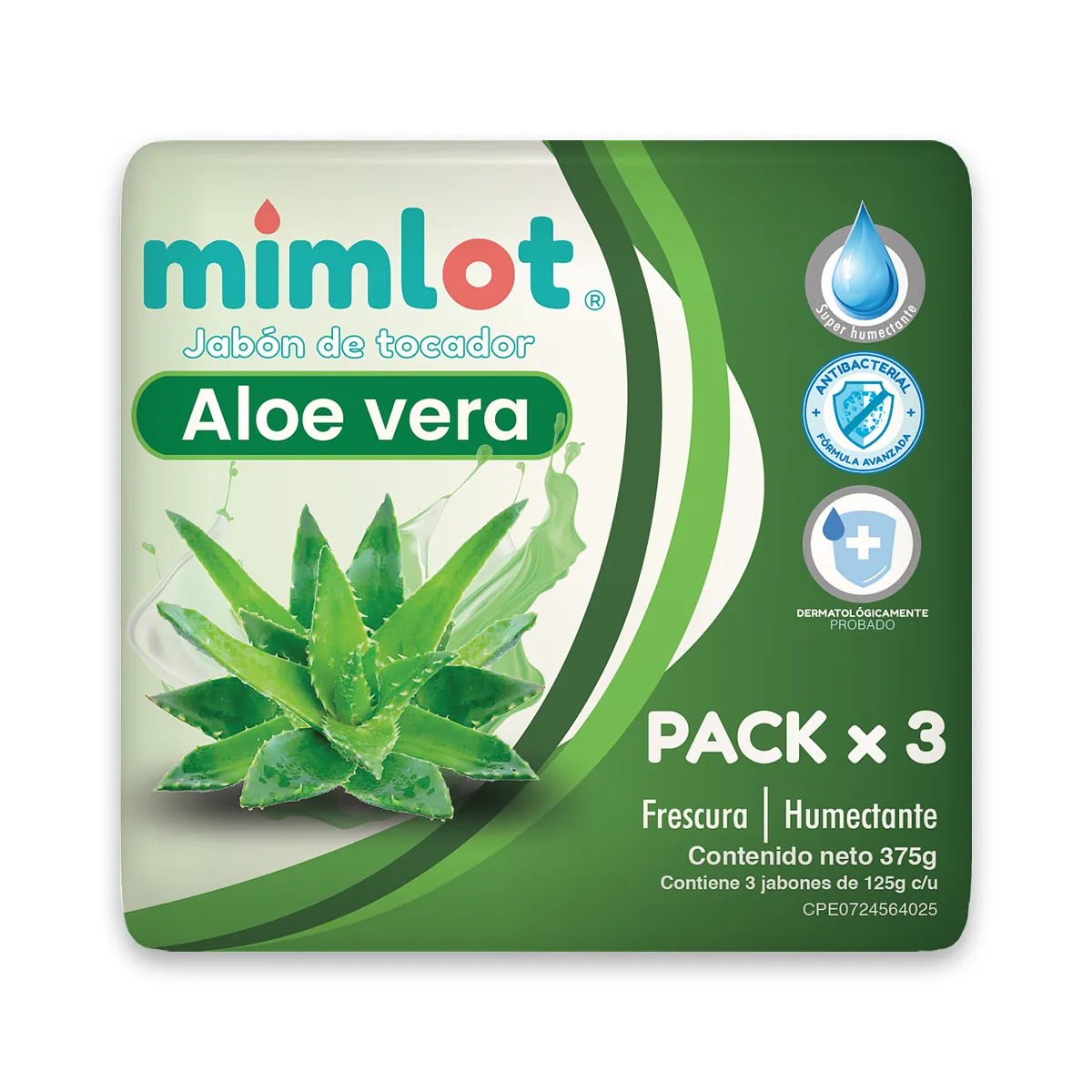 Pack x 3 Jabón de Tocador  de Aloe Vera 375g - Bulto de 24 unidades